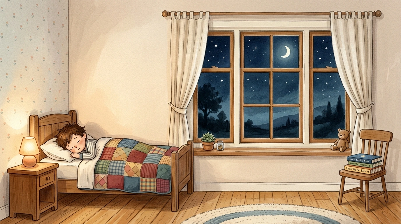 Warm Oliver Jeffers storybook bedroom with Leo sleeping peacefully under quilt